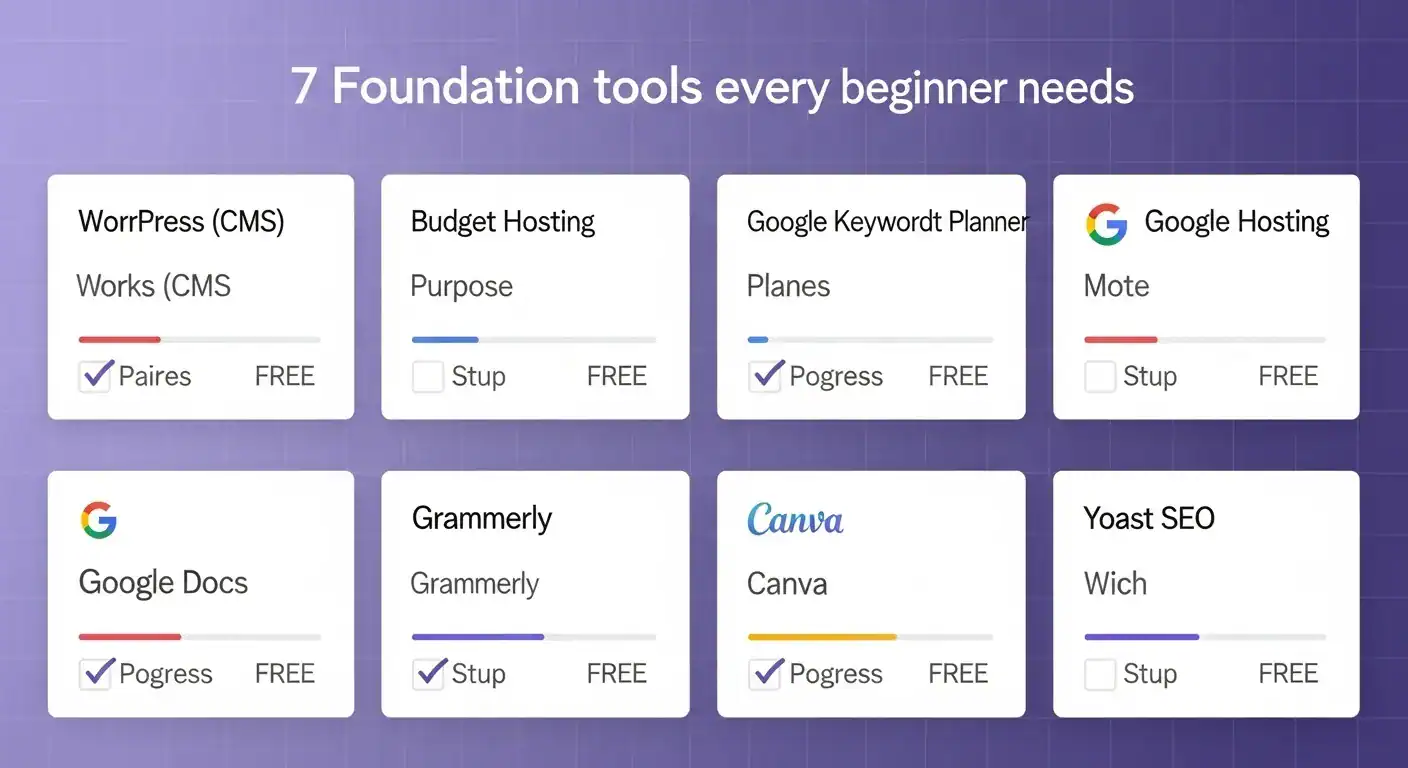 Beginner tools: WordPress, Google (Keyword Planner, Docs, Hosting), Canva, Grammarly, Yoast SEO.